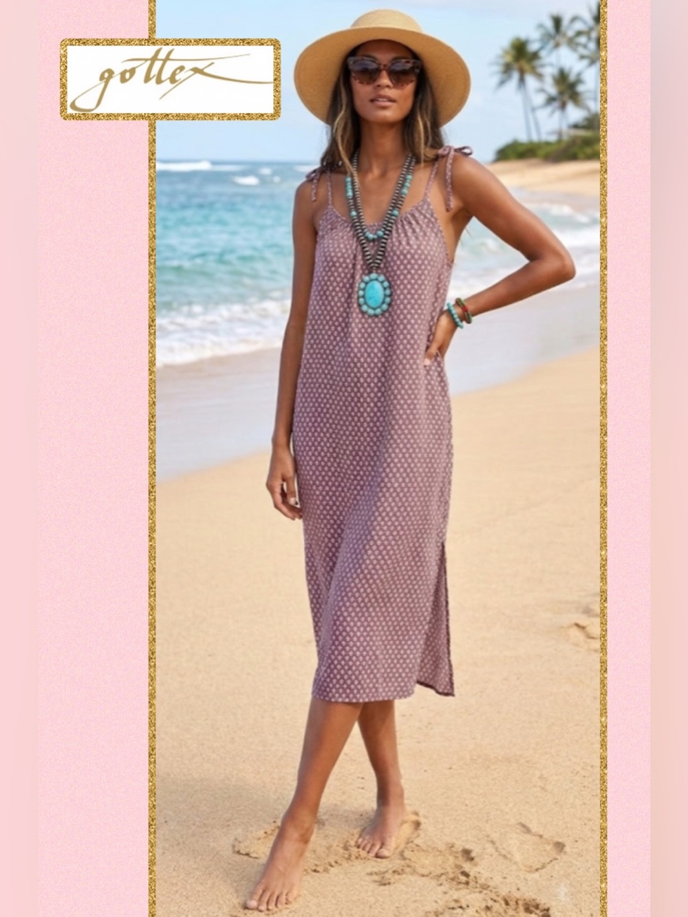 NWT Gottex Luma Retro Pink Cover-Up Dress/Skirt Tie Shoulder Slit Resort  
L/XL